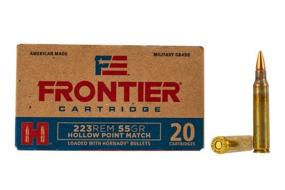 Hornady Frontier 223 ammo features a 55gr hollow point boat tail bullet